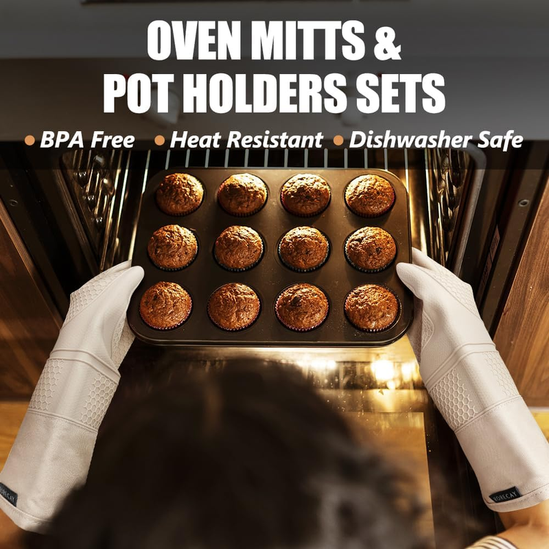 Oven Mitts and Pot Holders Sets 6pcs, Extra Long Kitchen Silicone Oven Gloves Hi