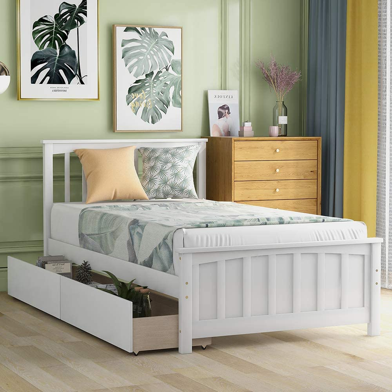 Twin Platform Bed with Trundle, Minimalistic Stylish Wood Bed Frame, Easy to Ins