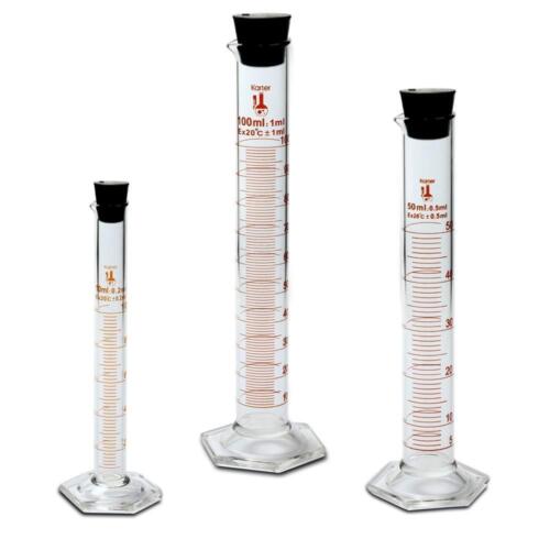 3.3 Boro Glass Graduated Cylinders w/ Stoppers, 10,50,100ml. Karter Scientific