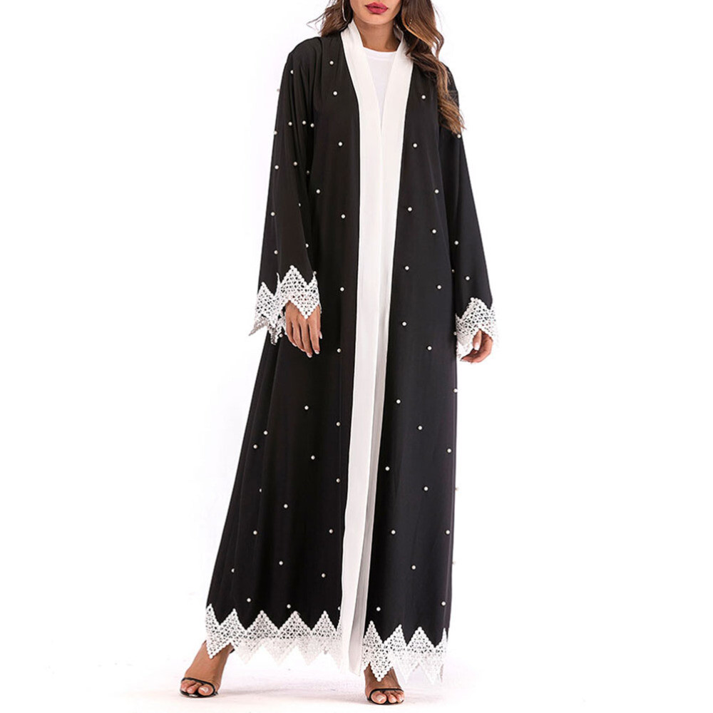 MARKENLOS 3 STÜCKE FRAUEN ROBE LOSE LANGARM PATCHED PERLEN MODE DUBAI KAFTAN MUSLIM KLEID