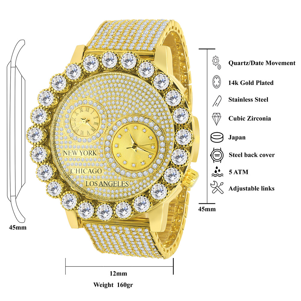 Pre-owned Ice Master Real Diamond Men's Gold Tone Prong Set Dial 2 Workin Time Zone Chronograph Watch