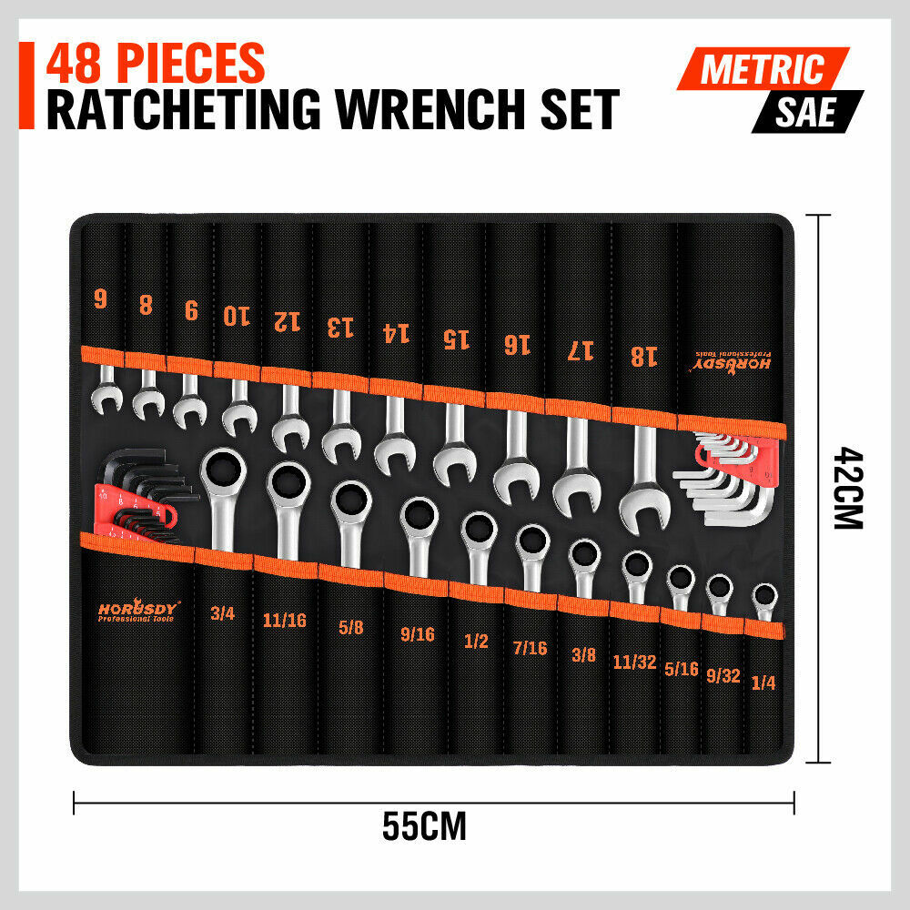 48Pc Wrench Set Ratchet Spanner & Hex Key SAE Metric Allen Key W/T