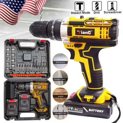 36VF Cordless Drill Electric Screwdriver Max 38Nm Power Drill Driver + 2*Battery