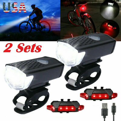2 Sets USB Rechargeable LED Bicycle Headlight Bike Front Rear Lamp Cycling USA