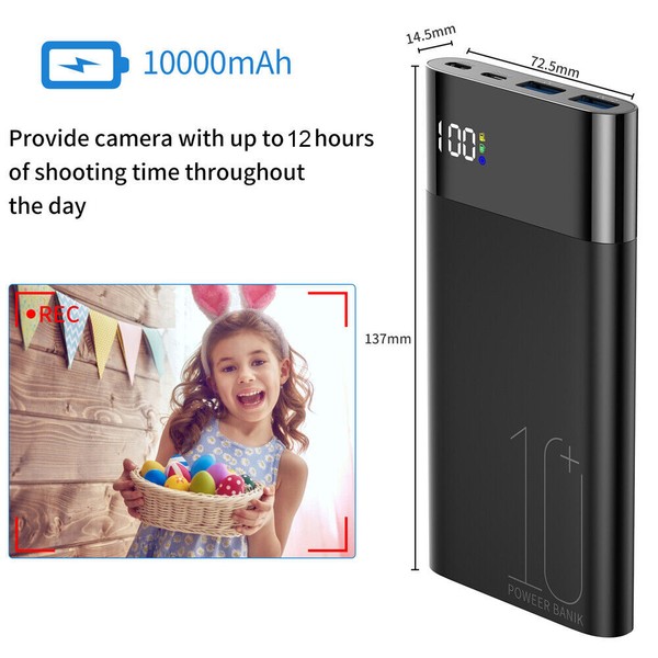 Portable 10000mAh power bank for extended camera usage.