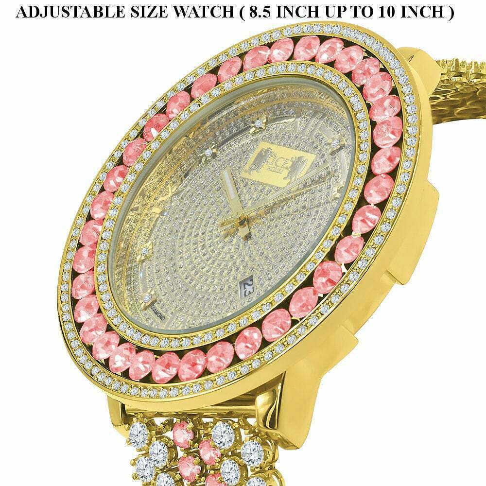 Pre-owned Ice House Men's Custom Big Face Xxl Multi Color Cz Band & Remove Able Bezel Wrist Watch