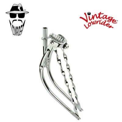 VINTAGE LOWRIDER 26'' BENT STEEL SPRING FORK 1 INCH W/TWISTED BARS IN CHROME