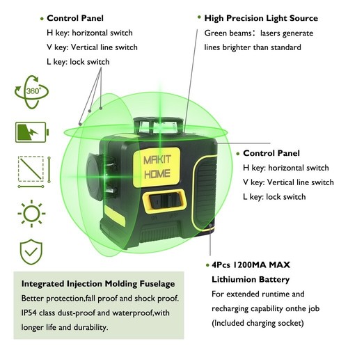 New Rechargeable Self Leveling laser level 360 Rotary green12 Lines3D Cross Line