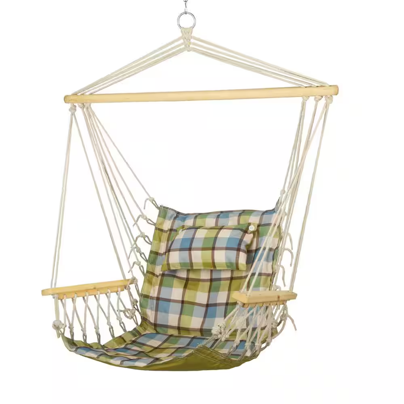 Hammock Chair Swing Green Plaid with Wooden Armrests Indoor Outdoor Hanging Seat