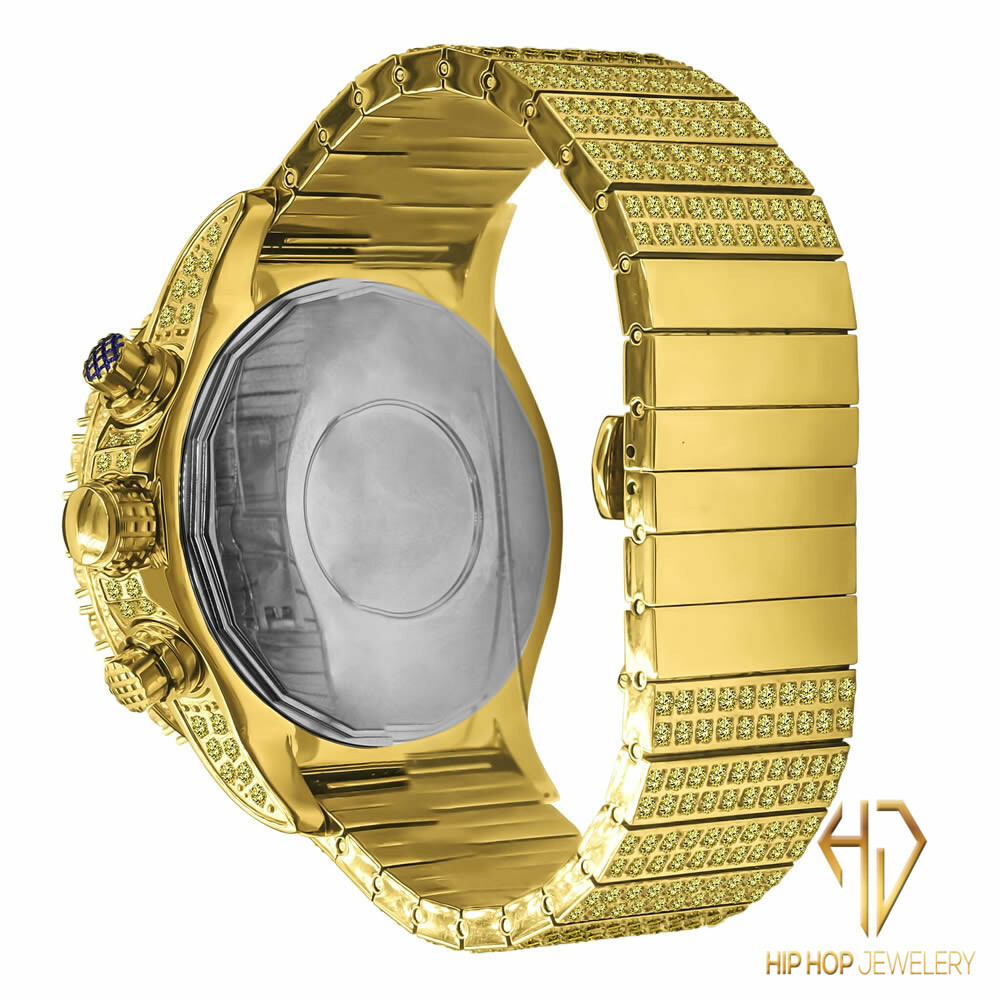 Pre-owned Blingmaster Men's Solid Stainless Steel Canary Gold Tone Finish Simulated Diamond Watch 48mm