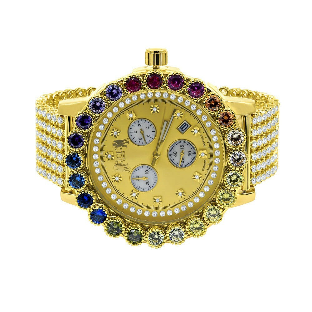 Pre-owned Ice House Real Diamond Solitaire Dial Rainbow Multi Gold Tone Men's Custom Xl Watch 55mm
