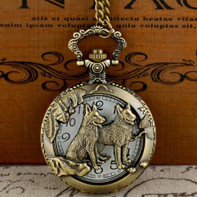 Retro Dog Pattern Pocket Watch Vintage Steampunk Quartz Pendant Necklace Chain