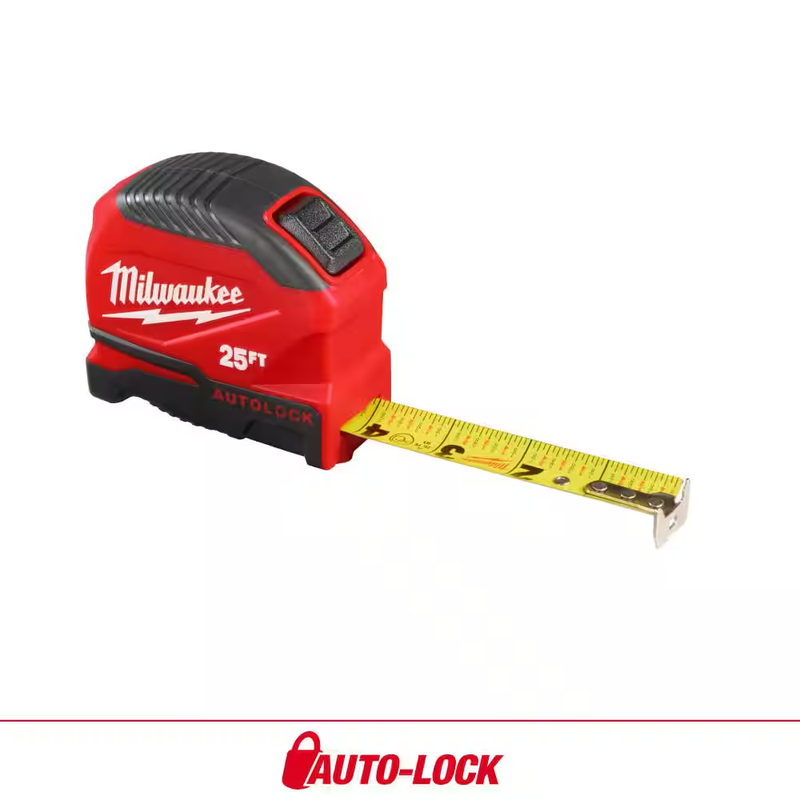Milwaukee Tape Measure Auto Lock 25ft Fractional Scale Anti Tear Impact Resist