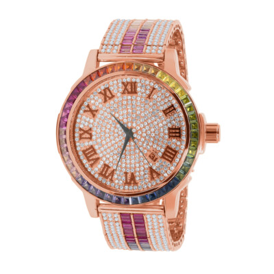 Pre-owned Ice House Mens Rose Gold Roman Numeral Rainbow Multi Dial Solid Steel Bezel Diamond Watch