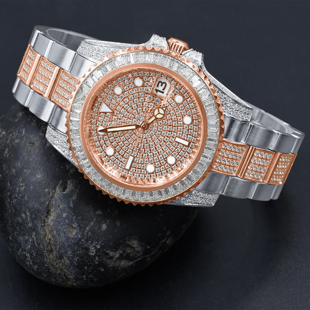 Pre-owned Bling Master 18k Solid Steel 2 Tone Rose Gold Baguette Simulated Diamond W/date 40mm Watch