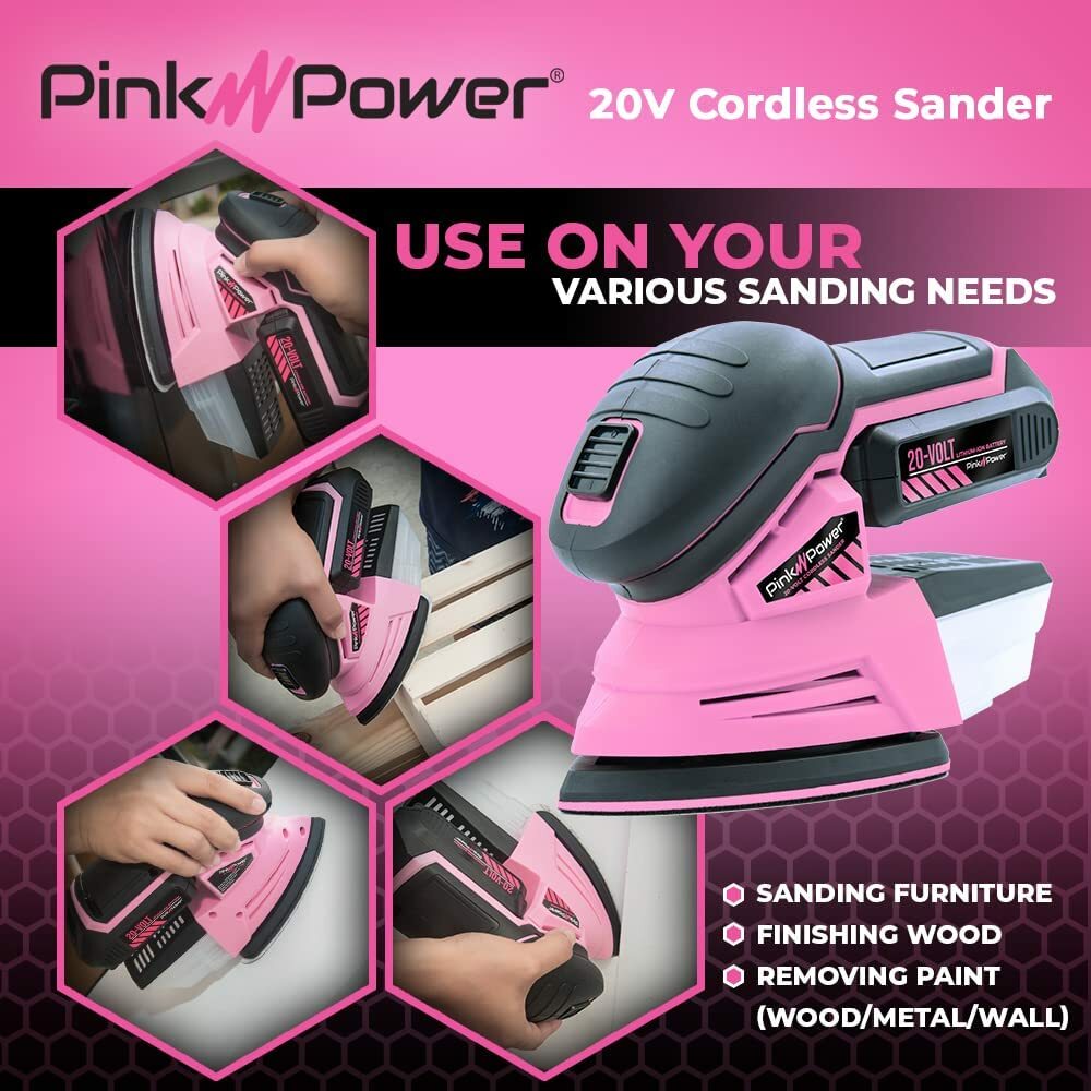 Pink Power PP204 20V Small Detail Sander Cordless Electric Mini Handheld