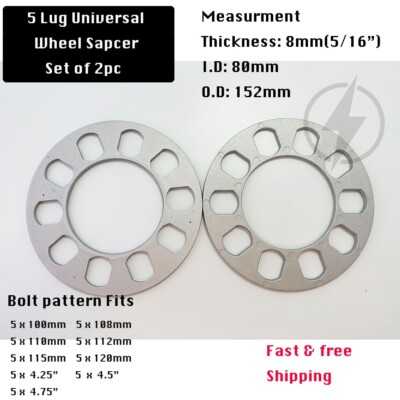 2 Wheel Spacers 8mm (5/16'') Universal Fits 5x100 5x108 5x112 5x114.3 5x115 5x120