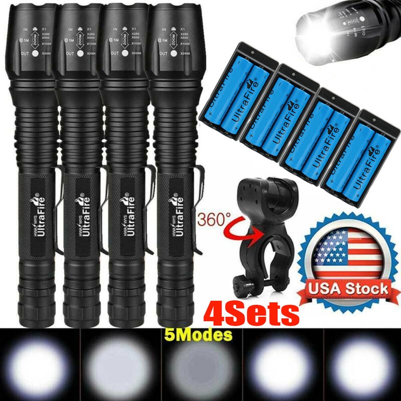 Details about / US 4Sets Tactical 350000Lumens 5Modes LED Flashlight Aluminum Zoom Torch