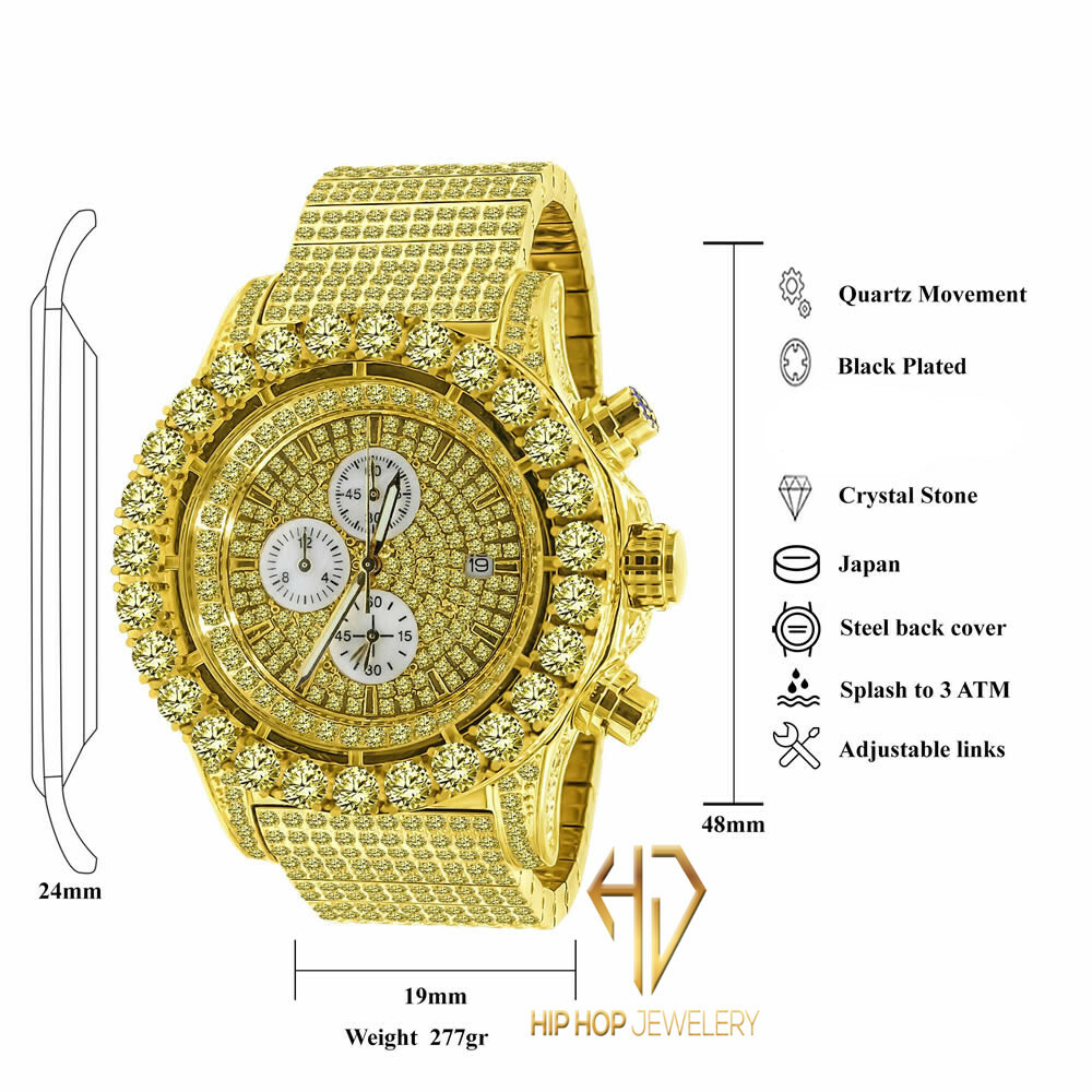 Pre-owned Blingmaster Men's Solid Stainless Steel Canary Gold Tone Finish Simulated Diamond Watch 48mm