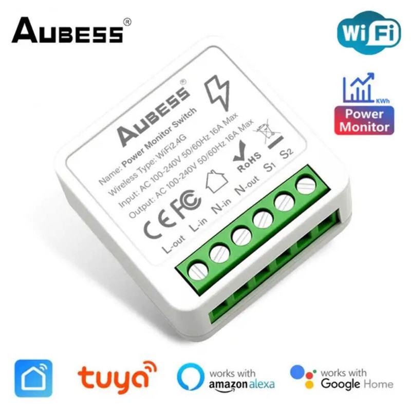 16A Tuya Smart WiFi Switch,2-way Mini Light Switch Power Metering