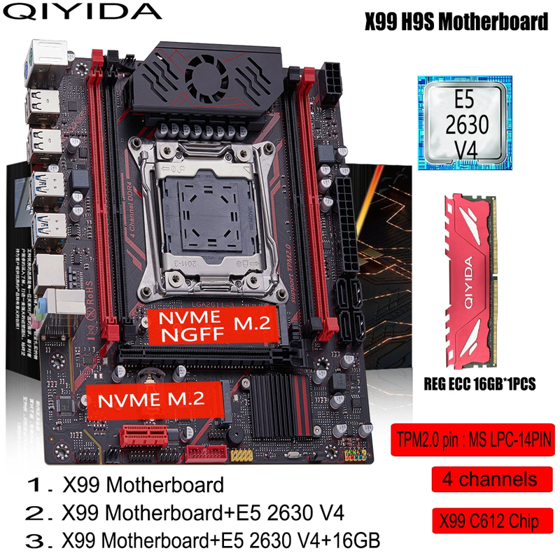 Scheda Madre X99 H9S Kit Con CPU Xeon E5 2630 V4 DDR4 16GB TPM 2.0 Combo 