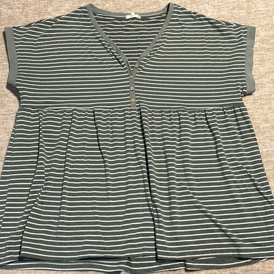Cotton blue boutique top oversized XL 2x 3x green whites stripe babydoll plus