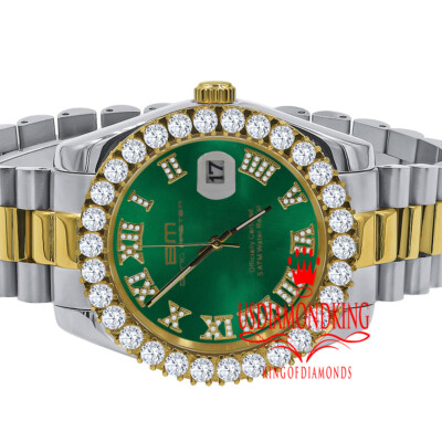 Pre-owned Bling Master 18k 2 Tone Gold Solid Steel Green Dial Simulated Diamond Presidential Mens Watch