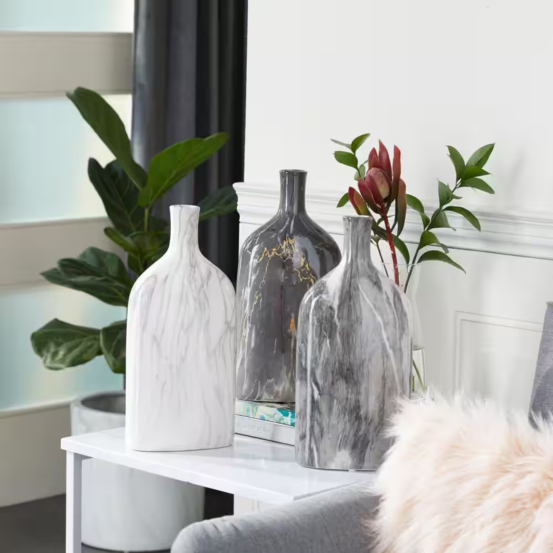 Gray Faux Marble Ceramic Vase Set Decorative Modern Home Decor 6in 13in Display