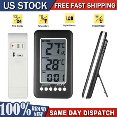 Wireless LCD Digital Thermometer Clock Temperature Meter Gauge Indoor/Outdoor 