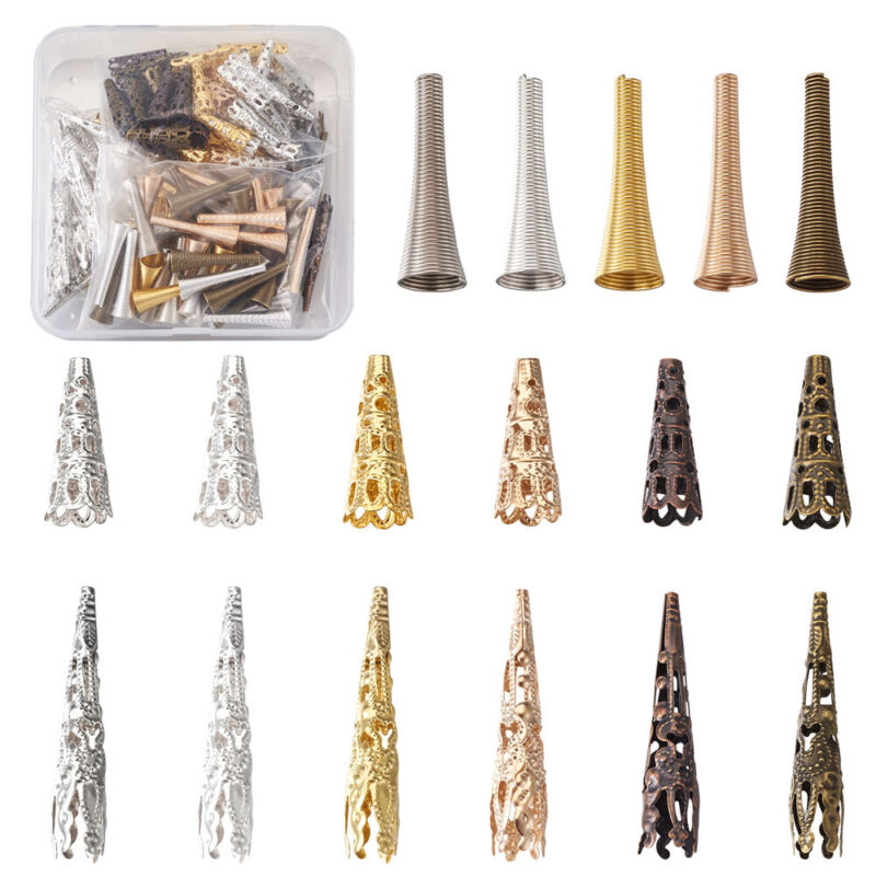 170pcs 3 Styles Metal Long Cone Tibetan Filigree Flower Trumpet Spacer Bead Caps