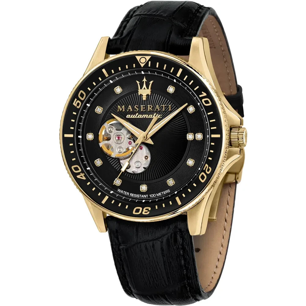 Pre-owned Maserati R8823140003 Sfida Diamonds Men's Automatic Watch Gold Tone Band