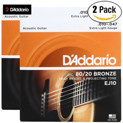 2-PACK D'Addario EJ10 80/20 Bronze Acoustic Guitar Strings Ex-Light 10-47