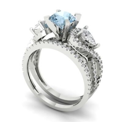 Pre-owned Pucci 2 Round Pear 3 Stone Real Aquamarine Wedding Statement Ring Set 14k White Gold
