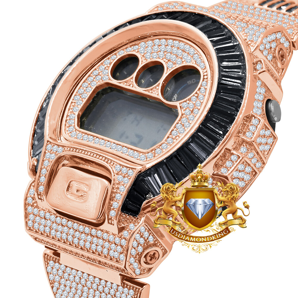 Pre-owned Usdiamondking Baguette Black Onyx Rose Gold Tone Casio Shock Authentic Dw-6900 Custom Watch