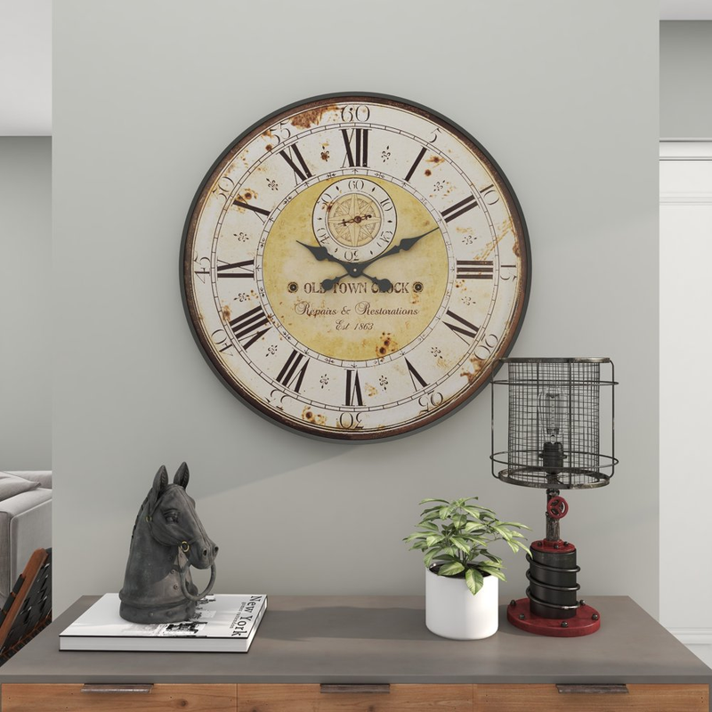 Vintage Wall Clock Rustic Antique Style Large Oversized Distressed Iron Wood 32"