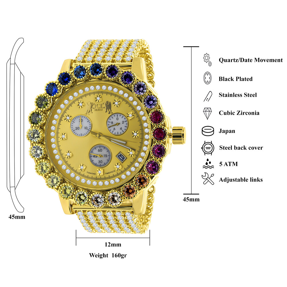 Pre-owned Ice House Real Diamond Solitaire Dial Rainbow Multi Gold Tone Men's Custom Xl Watch 55mm