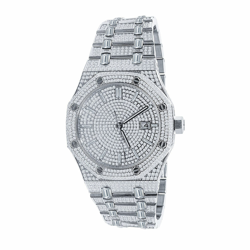 Pre-owned Bling Master Full Steel Baguette Men's White Gold Tone Finish Simulated Diamonds 42 Mm Watch