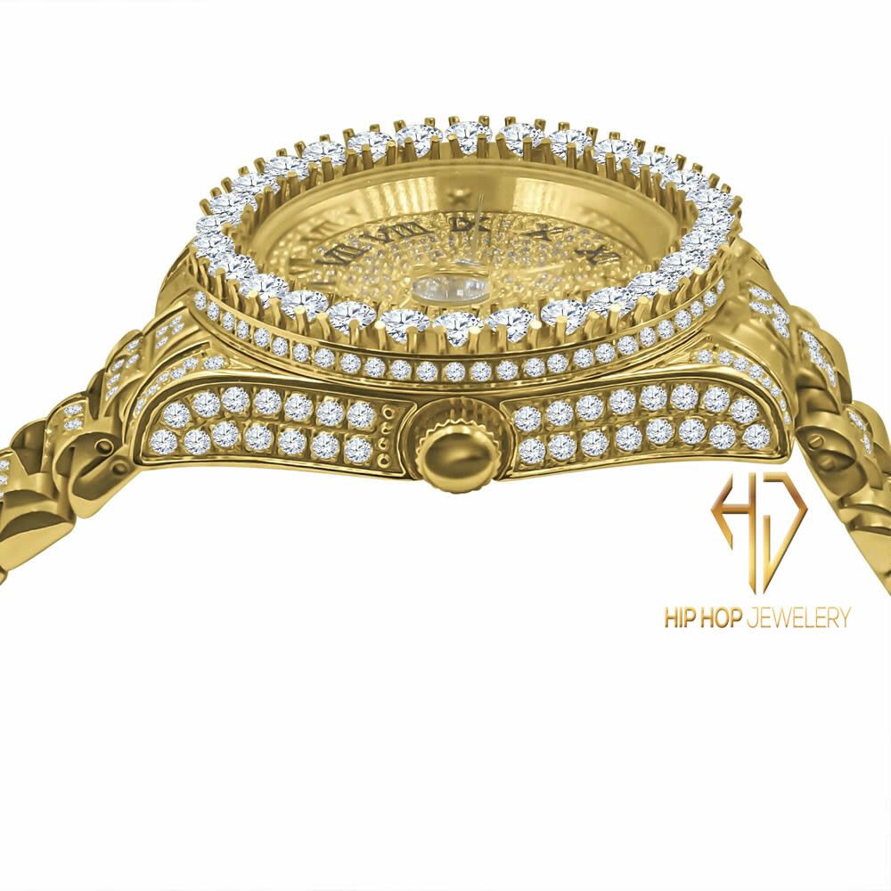 Pre-owned Bling Master 18k Yellow Gold Tone Stainless Steel Simulated Diamonds Presidential Watch 41mm
