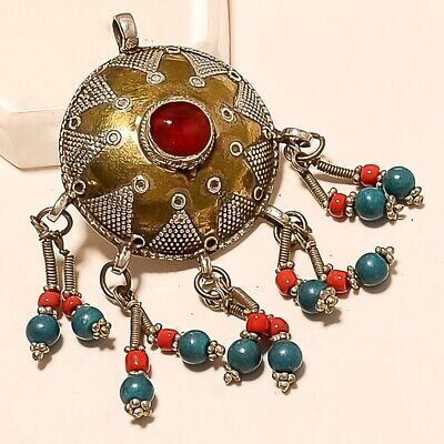 Old Tribal Vintage Red Onyx Turquoise Coral Two Tone Pendant 925 Sterling Silver