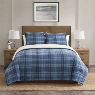 VCNY 3pc Full/Queen Plaid Cotton Reverse to Comforter Set Blue: Hypoallergenic,
