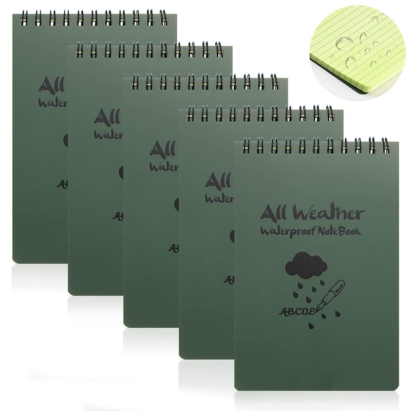 5 Pack Waterproof Pocket Notebook, 4X6 Inches Top-Spiral Notepad with Grid, All-