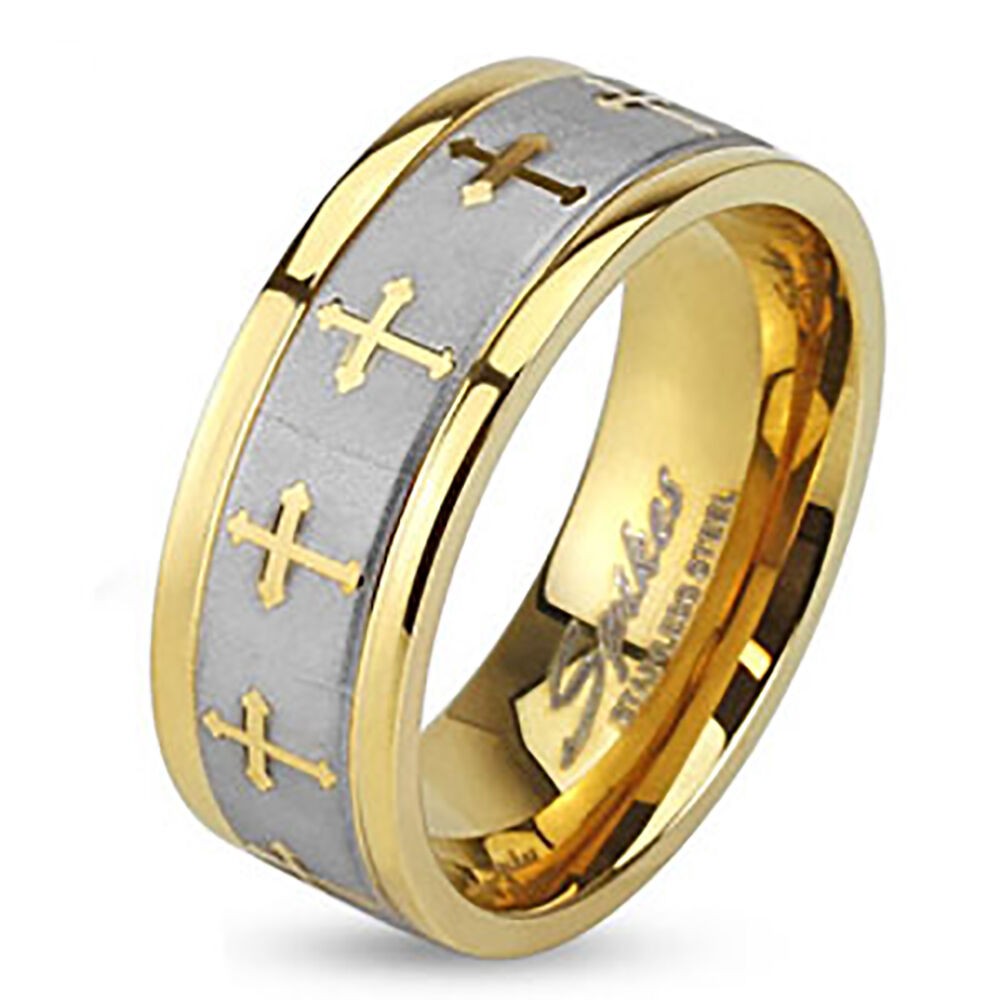 Stainless Steel Mens 8 MM Yellow Gold Plated Celtic Cross