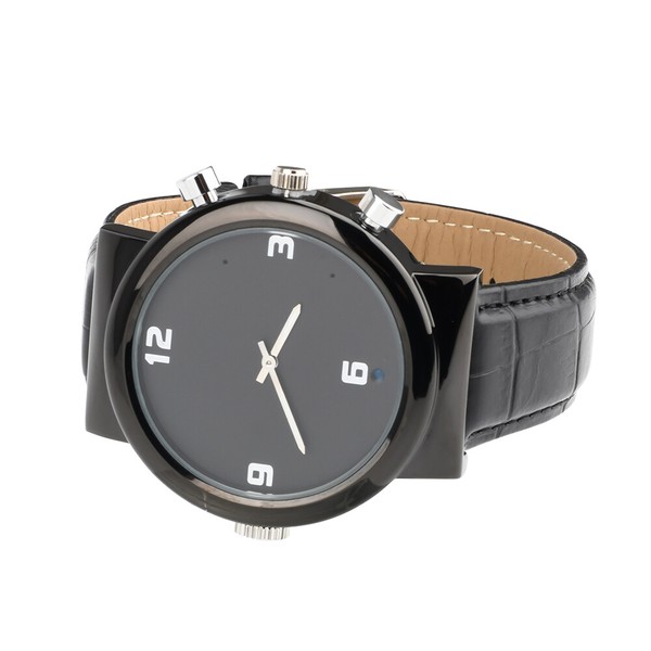 Black analog wristwatch with leather strap.