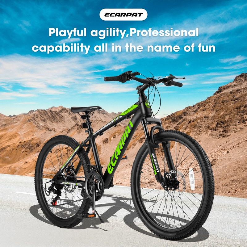 24 Inch Mountain Bike for Boys Girls, Aluminum Mountain Bike with Disc Brakes 21