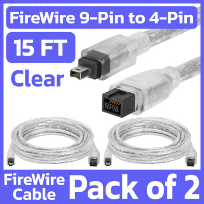 2 Pack FireWire 800 9-Pin to 400 4-Pin Cable 15ft IEEE1394b/1394a Cord Adapter