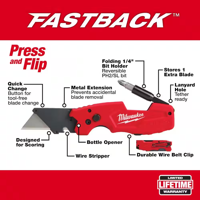 Milwaukee FASTBACK 6-In-1 Folding Utility razor Knife screwdriver bottle opener