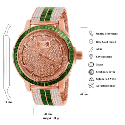 Pre-owned Ice House Emerald Green Stainless Steel Bezel Watch 18k Rose Gold Real Diamond Dial W/date