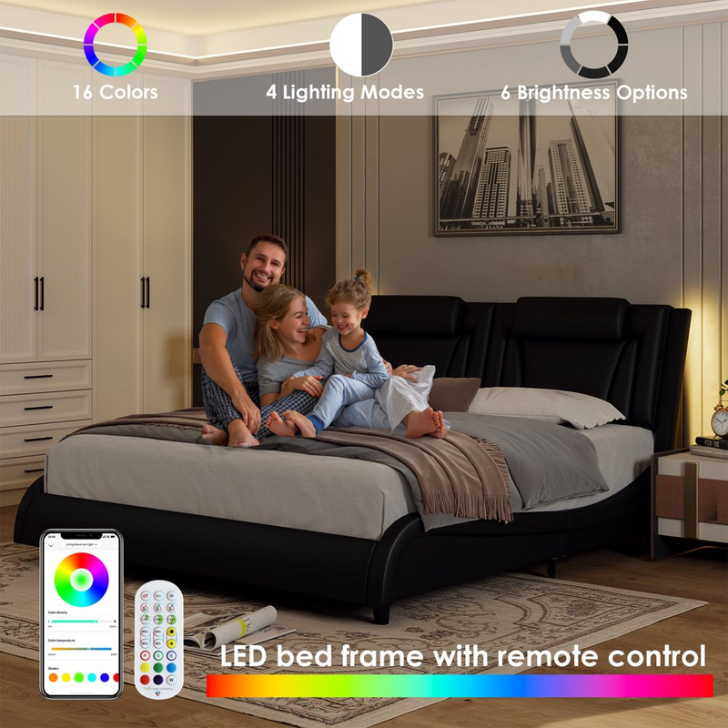 Leather Led Lights Headboard Curved Design King