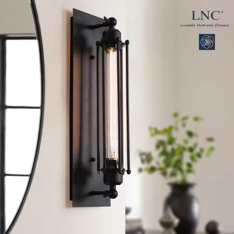 LNC Wall Sconce Light Industrial Black Metal Cage Bathroom Vanity Light