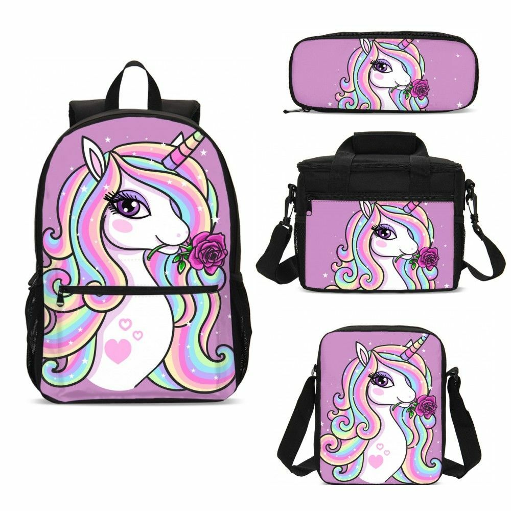 Rainbow Unicorn Backpack Kids School Bag Crossbody Bag Pencil Case Purse Lot